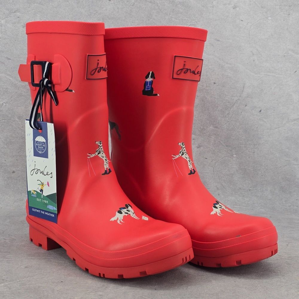New Joules Rain Boots Mid Calf Molly Welly Print Hike Dogs Red Size US: 5 UK: 3 - Picture 11 of 12